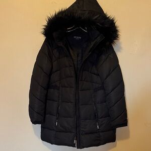 GUESS Black Hooded Puffer Jacket with Faux Fur
